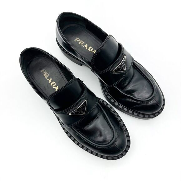 PRADA Black Lug Sole Loafer Size 37.5 Platform Monolith Leather Chunky Heel Logo - Picture 3 of 12